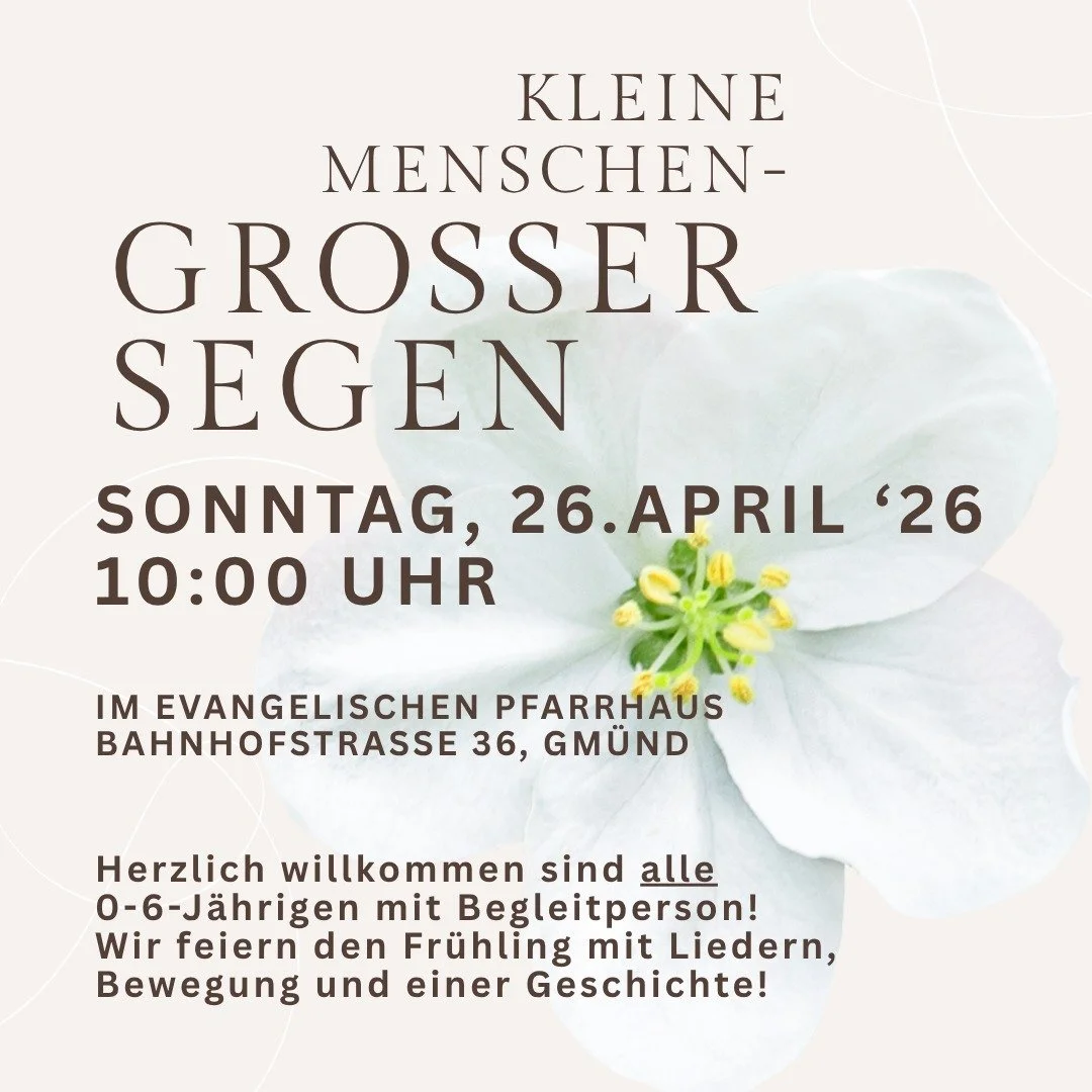 Herzliche Einladung zu unserem Krabbelgottesdienst am Sonntag, 26. April um 10:00 Uhr im evangelischen Pfarrhaus (Bahnhofstra&szlig;e 36, Gm&uuml;nd).
Eingeladen sind alle Kinder von 0&ndash;6 Jahren mit ihren Eltern, Gro&szlig;eltern oder Begleitper