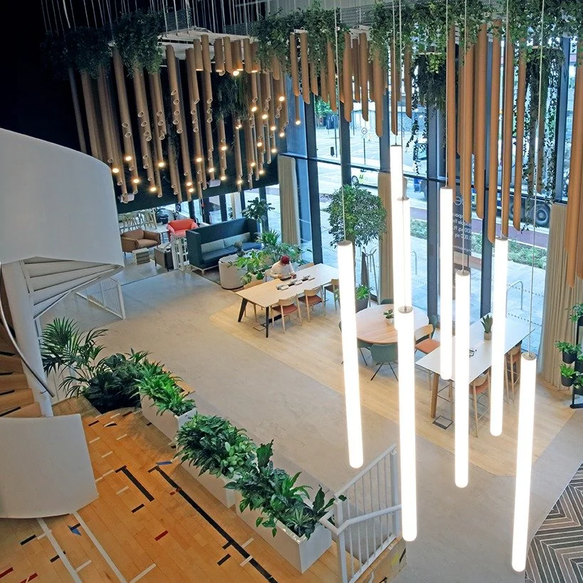 An interior view of a modern building lobby or common area with large windows, hanging wooden and light fixtures, and various seating arrangements surrounded by potted plants.