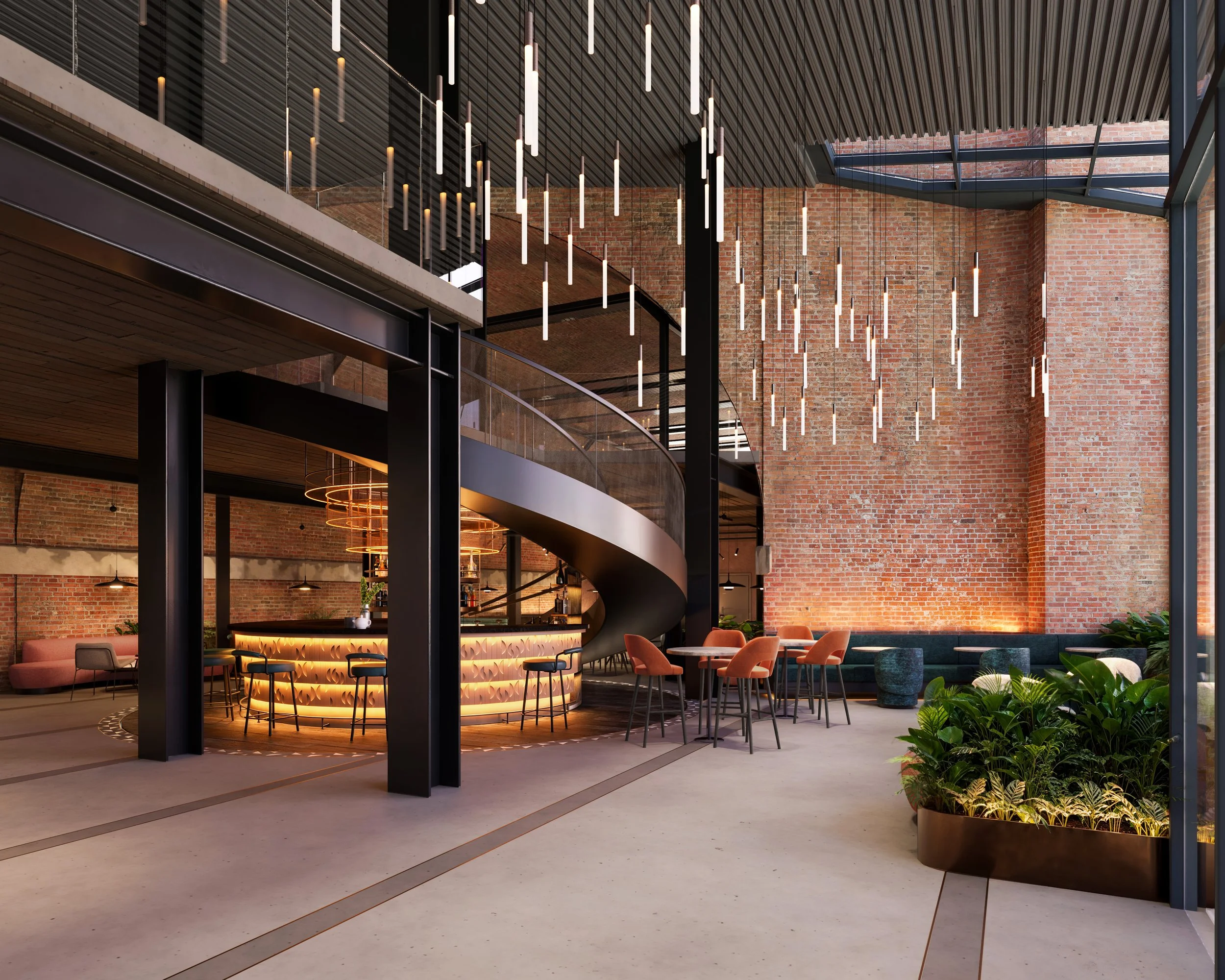 Modern interior of a lounge or restaurant with exposed brick walls, a spiral staircase, and stylish lighting fixtures. There are round tables with orange chairs, a bar area with warm lighting, and green plants near large glass windows.
