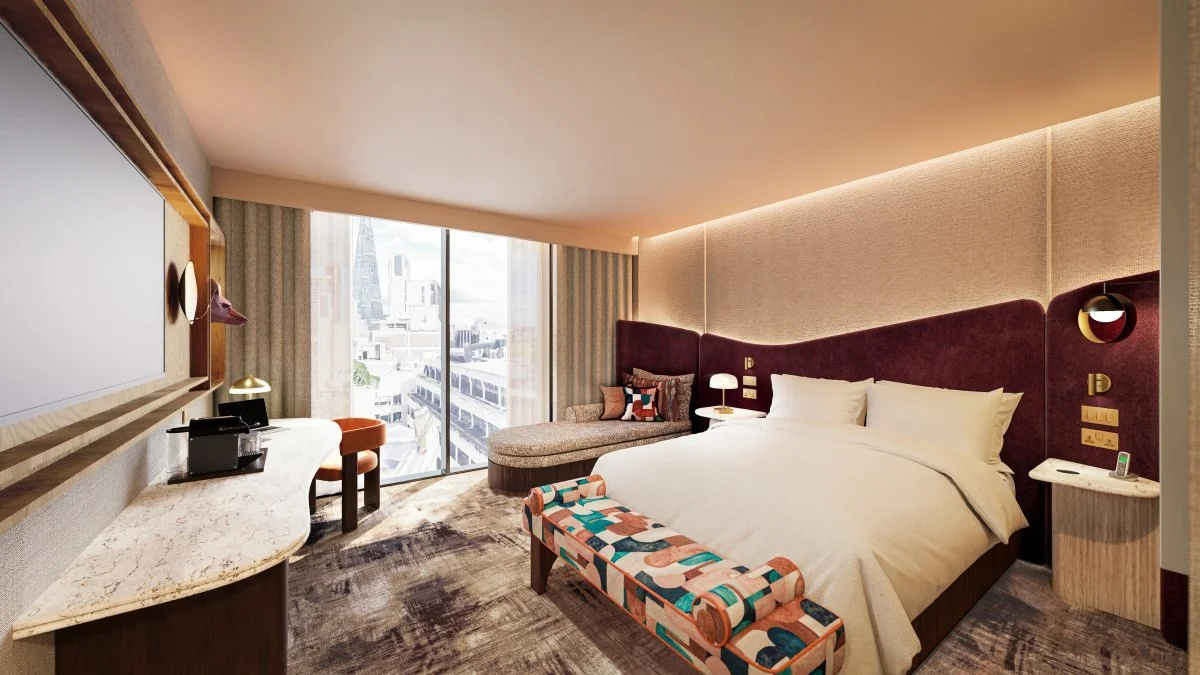 Interior view of a hotel guestroom at Hilton London Bankside, designed by SpaceInvader.