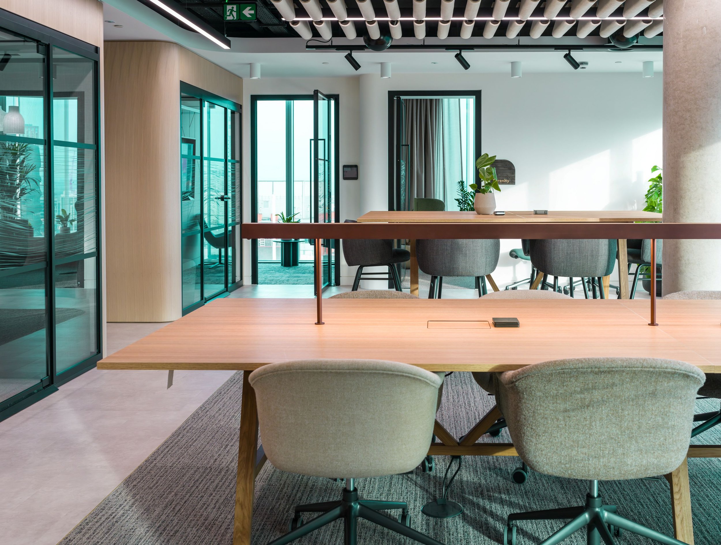 Modern office space with a large wooden conference table, fabric chairs, a glass-walled meeting room, indoor plants, windows with curtains, and a ceiling with track lighting and ceiling panel design.