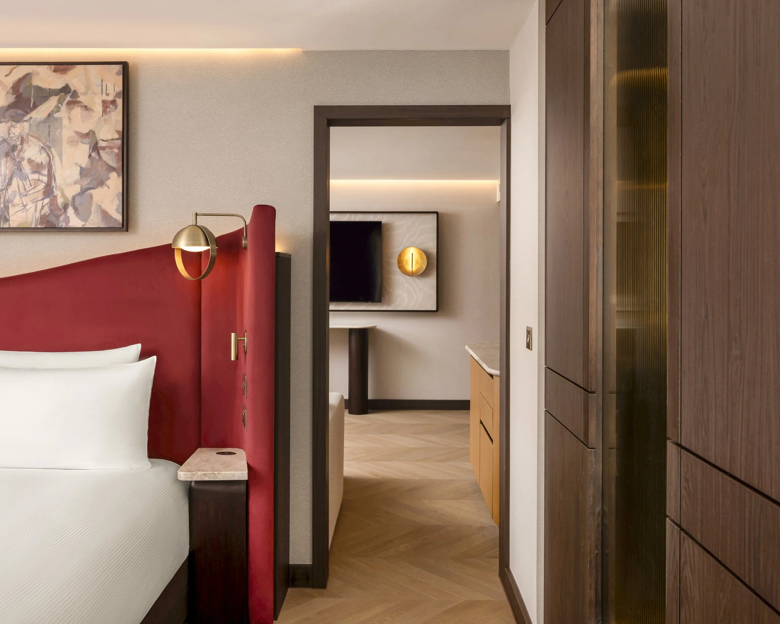 Hilton London Bankside hotel interior design by SpaceInvader – King Terrace Suite Bedroom overlooking Lounge.