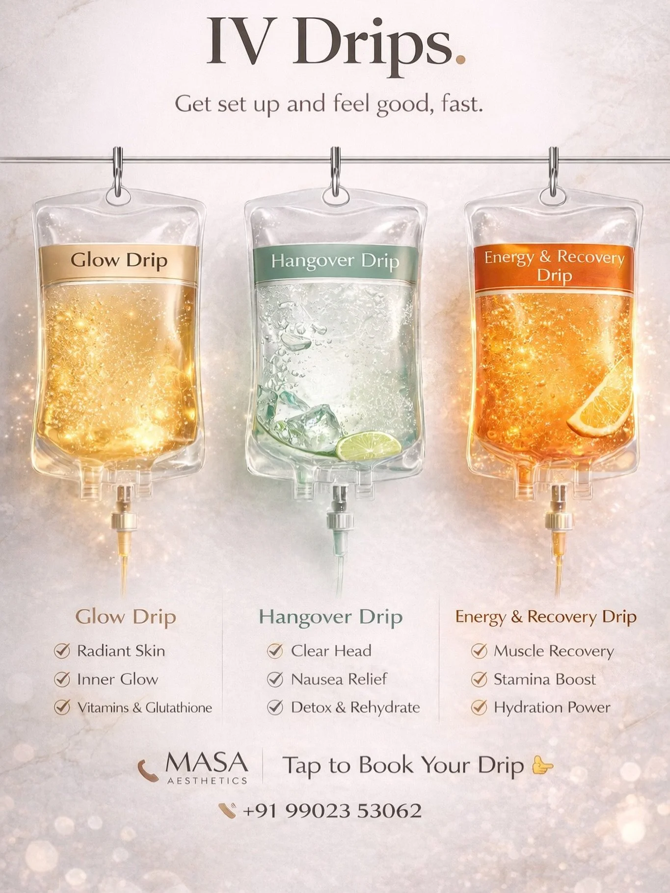 Radiant skin, clear head, instant energy.
Choose your drip. Feel the difference.
📲 Book now.

(Skin, glow, drip, hangover, glass skin, aesthetics, aesthetician, clinic, surgery, boost, beauty, skincare, products, trending, fyp, for you, explore)

#s