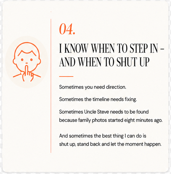 A page from a guide or book with a light background, featuring an illustration of a person with a finger on their lips, indicating quiet or silence. The text is numbered 04 and titled 'I KNOW WHEN TO STEP IN - AND WHEN TO SHUT UP,' followed by advice about knowing when to intervene and when to stay silent.