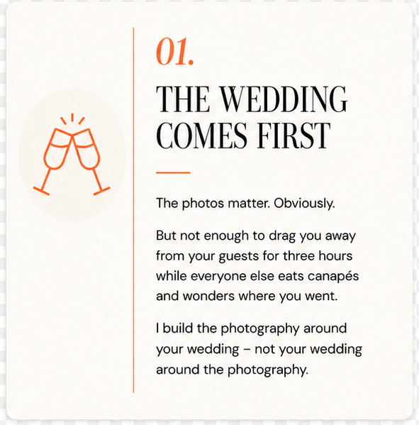 A page from a wedding planning guide with the title 'The wedding comes first,' including a graphic of two clinking champagne glasses and tips on wedding photography.