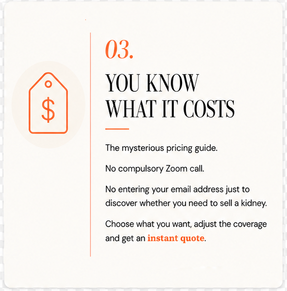 A page from a guide titled '03. YOU KNOW WHAT IT COSTS' with bullet points about pricing, mentioning no Zoom call or email needed, and an emphasis on instant quote.