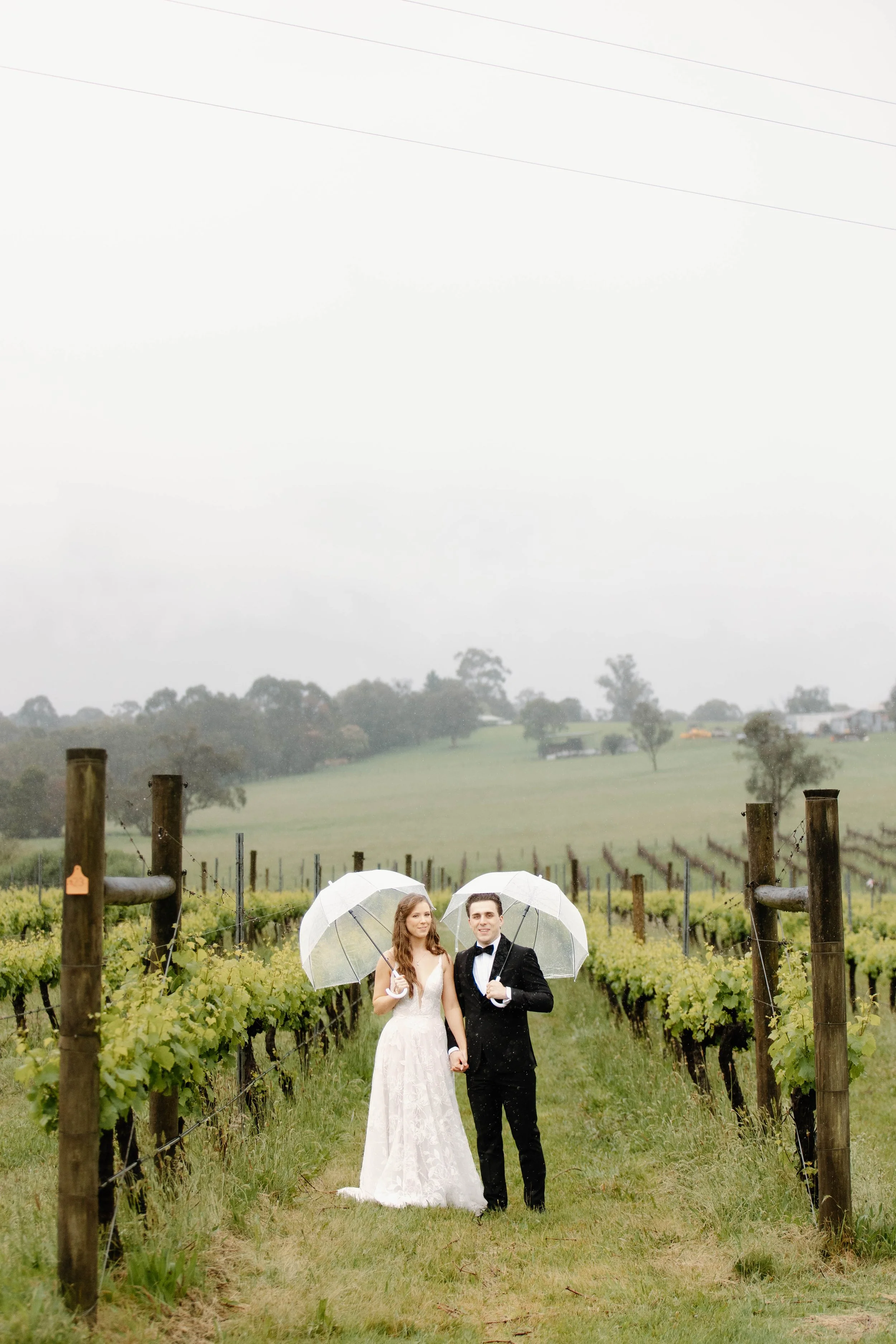 A bride and groom holding umbrellas and walking through a vineyard on a rainy day.