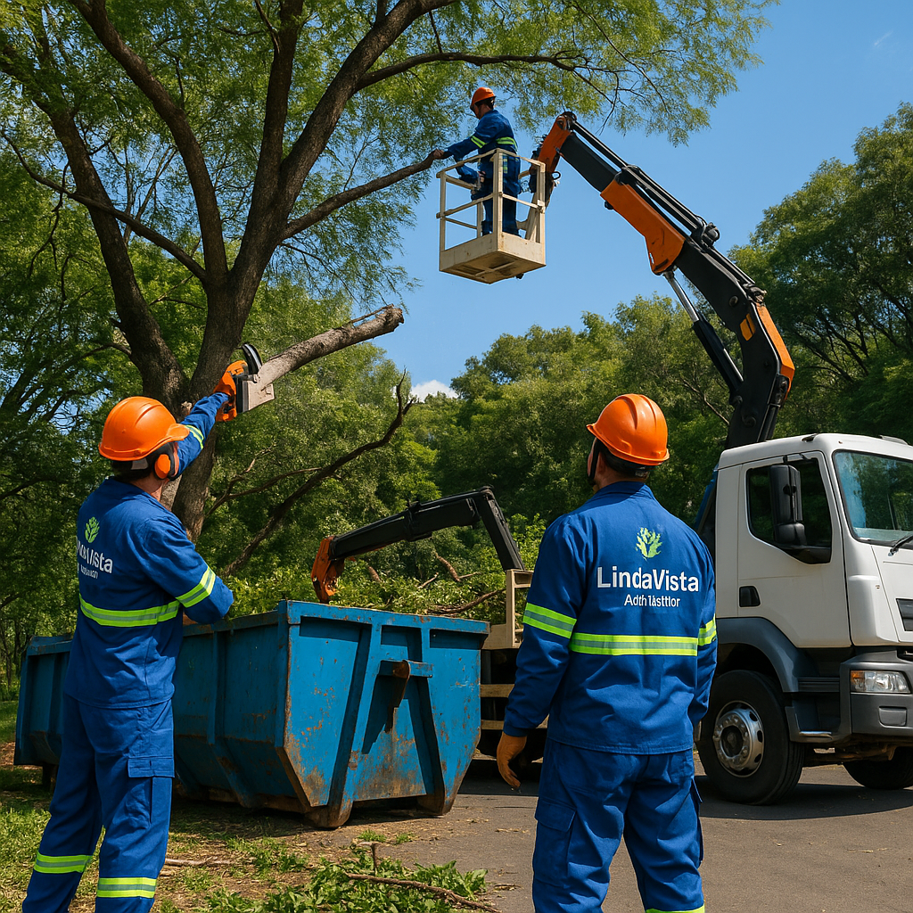 Trabalhadores de uma equipe de poda usando uniformes azuis, capacetes laranja, realizando corte de galhos de árvore, com um caminhão com braço mecânico elevando alguém em uma caixa de plataforma, em uma área com árvores e céu azul.
