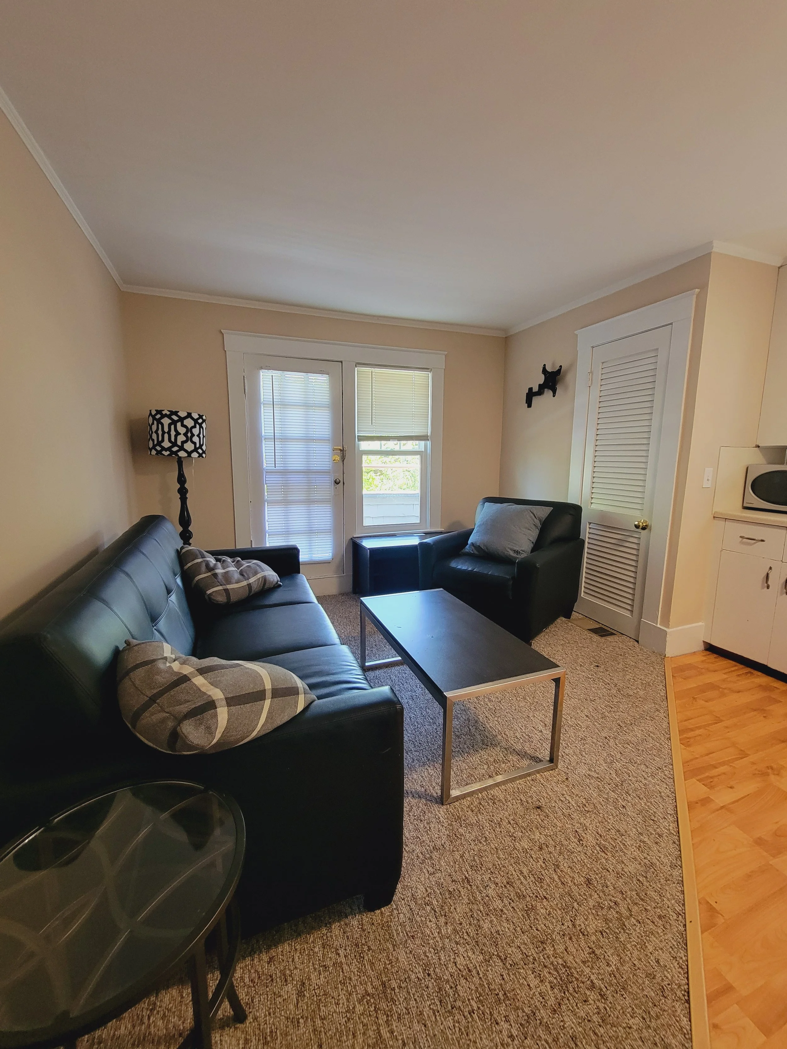 House for rent with cozy living room with black leather sofa, armchair, and coffee table, featuring a lamp, plaid pillows, carpet flooring, and a door with blinds.