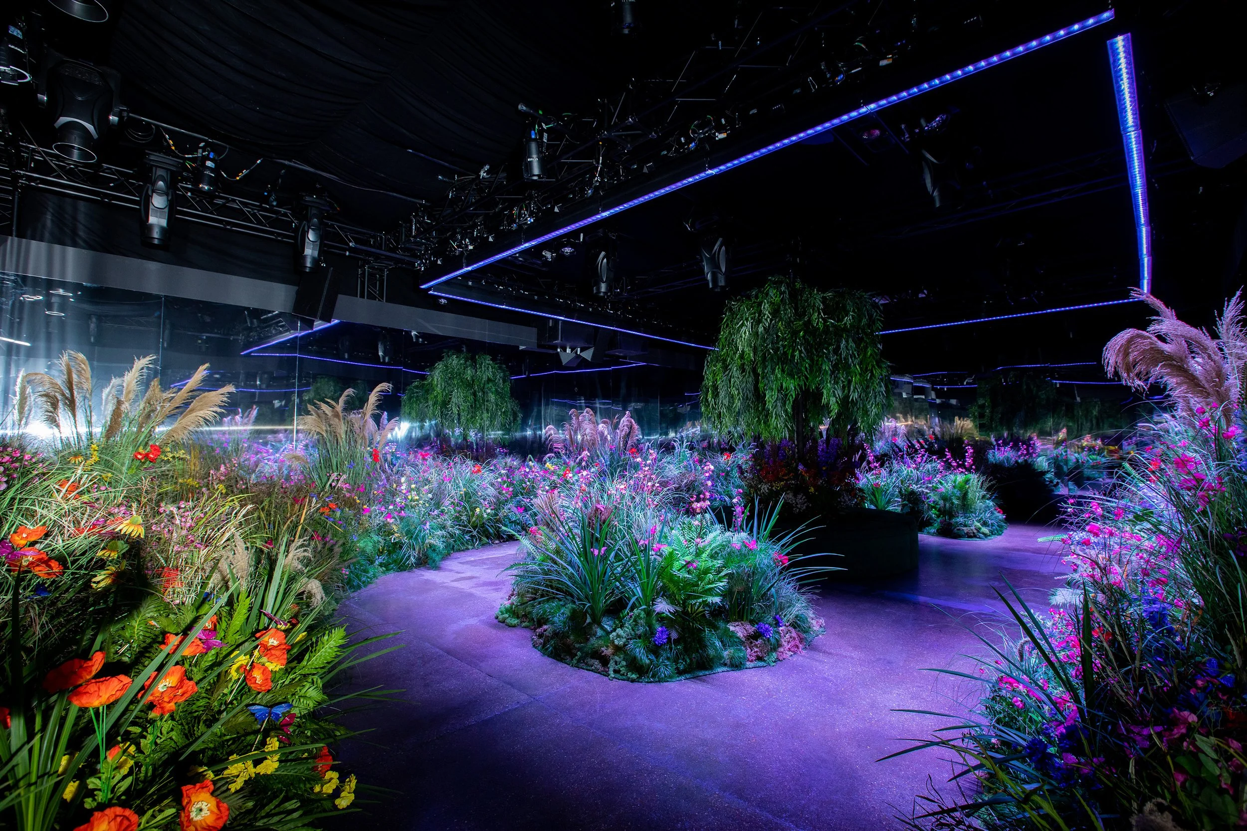 Indoor floral exhibit with various colorful plants and flowers, curved pathway, large mirrored walls, and overhead ceiling with purple and blue lighting.