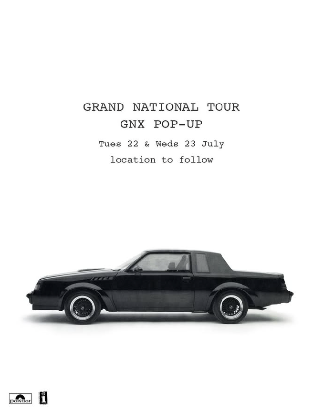 Poster for Grand National Tour, GNX Pop-Up, July 22-23, featuring a black classic car, with polydor and information icons at the bottom.
