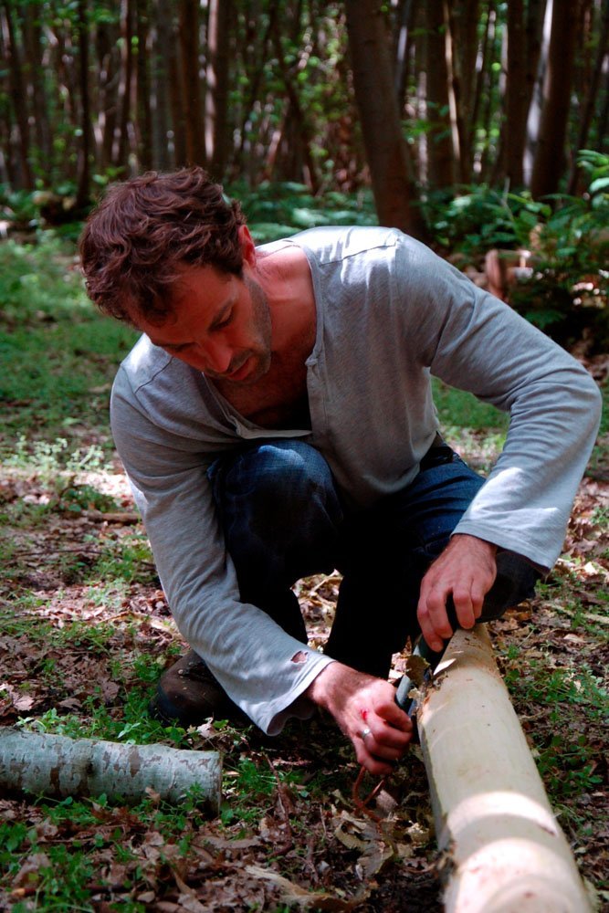 man harvesting bark from tree