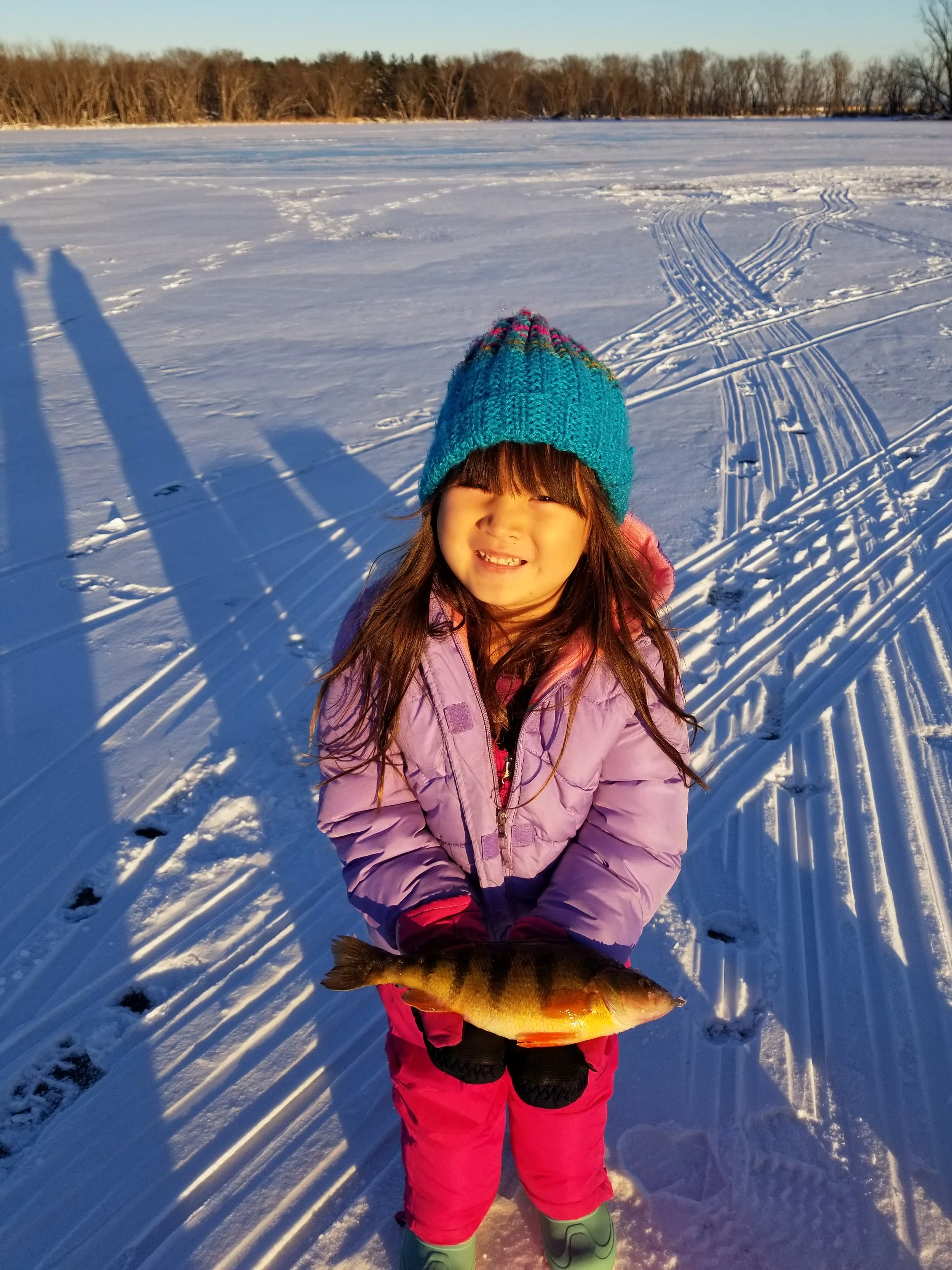 A young girl holds a perch that she caught ice fishing on the Trempealeau Lakes