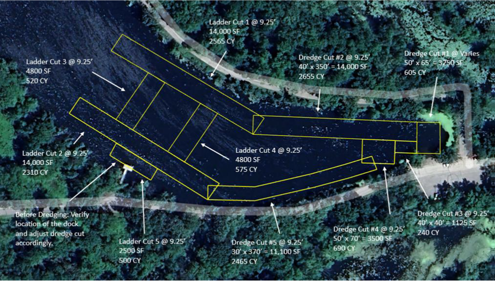 A map outlines the dredge cuts planned for the south end of Second Lake
