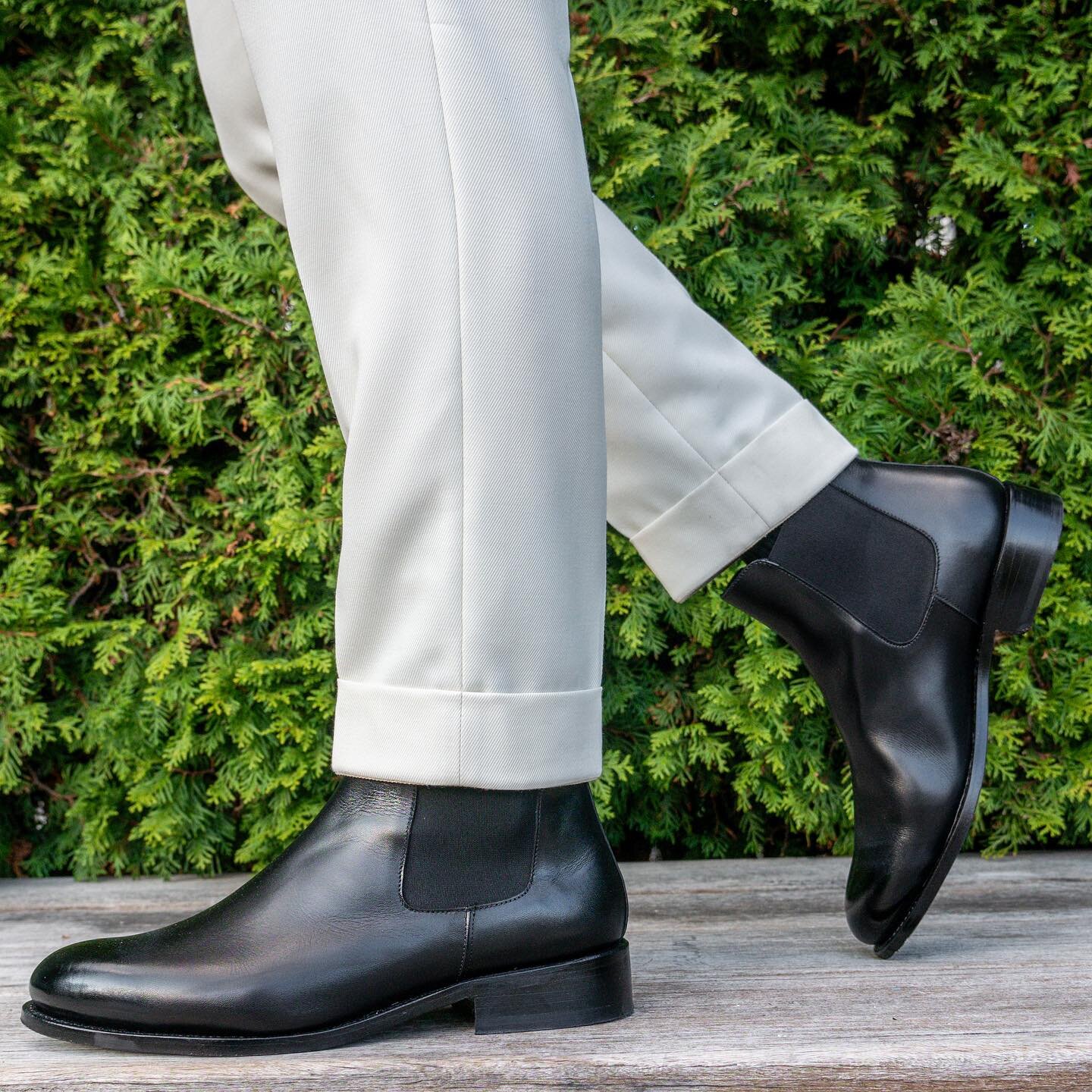 When it comes to our custom shoes, we have the ability to create a wide variety of styles and silhouettes, based on what is best for the shape of your feet. Pictured here is a size 11.5 EE black leather Chelsea boot with a higher heel and rounded toe