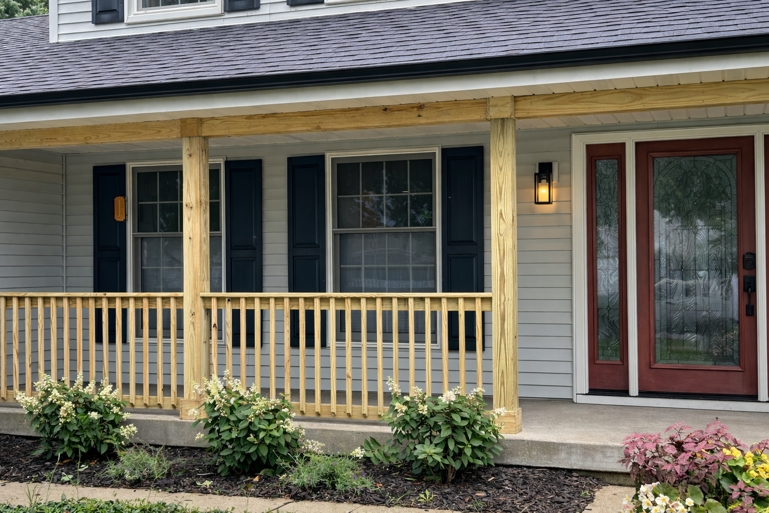 Front porch of a house with a covered wooden railing, two windows with dark blue shutters, a red door with a glass panel, a light fixture on the wall, and landscaped garden with white flowers in front.