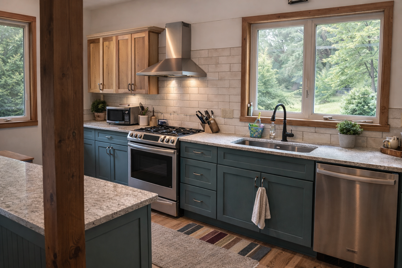 Kitchen with wooden cabinets, stainless steel appliances, granite countertops, and large windows showing greenery outside.