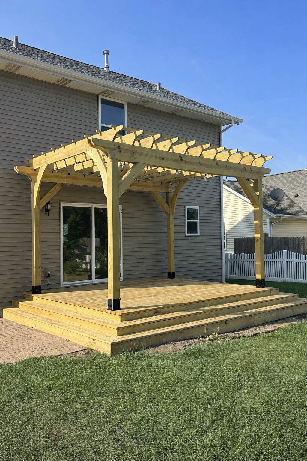 New wooden deck with pergola attached to back of house, outside backyard, with green grass and clear sky.