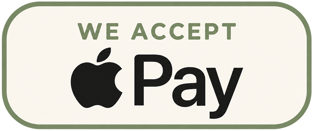 Sign with text 'We accept Apple Pay' and Apple logo on a white background with green border.