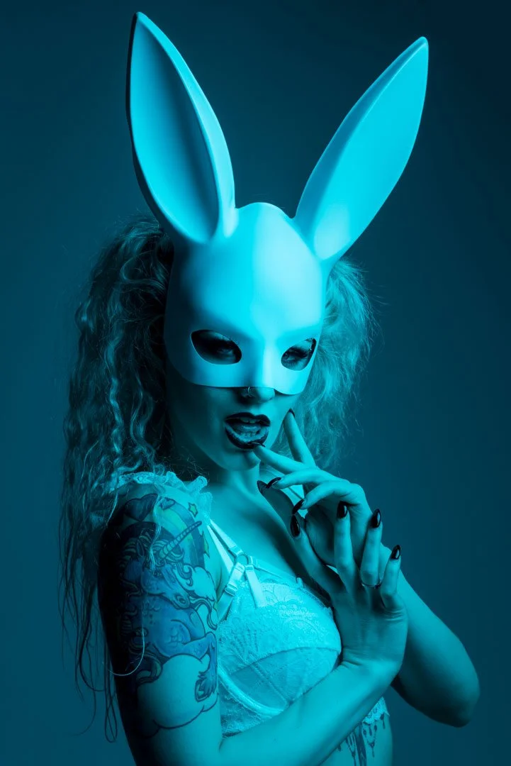 woman rabbit mask blue