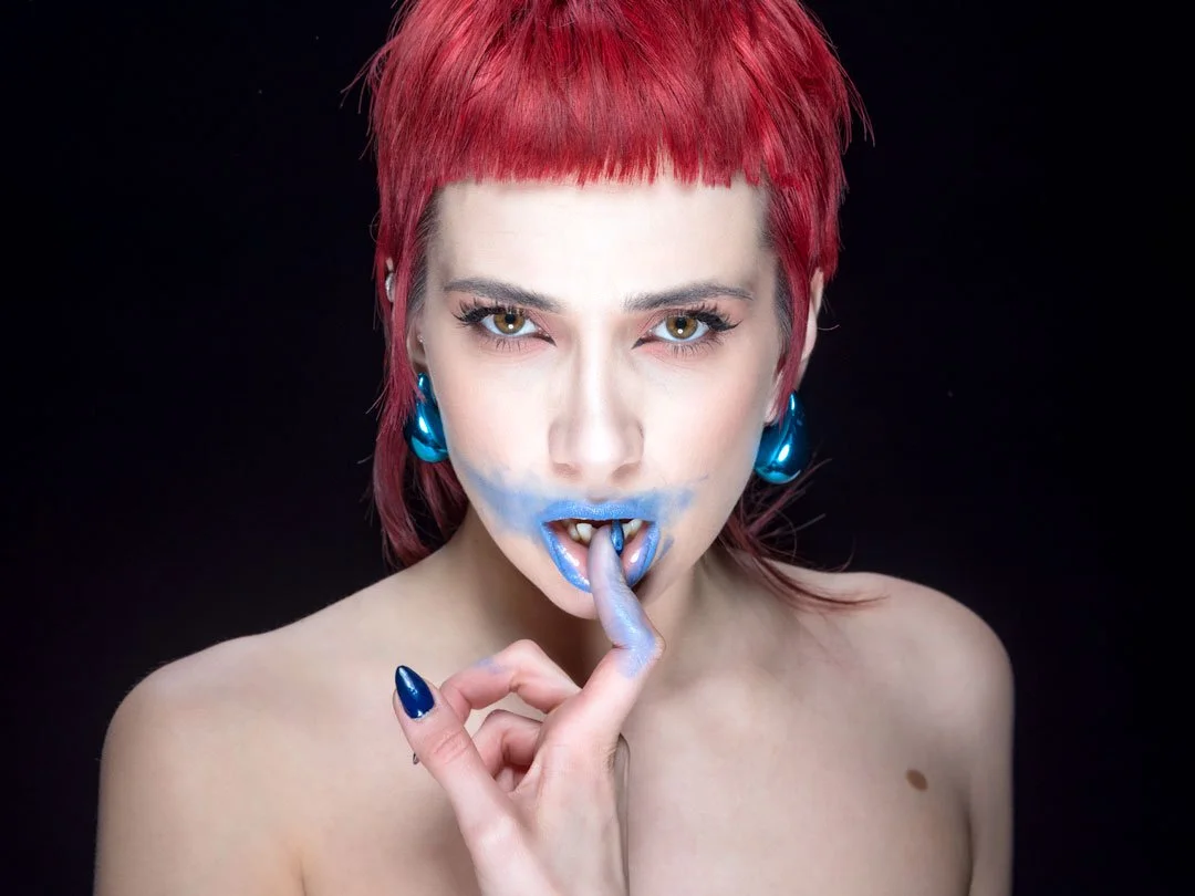 woman blue lipstick