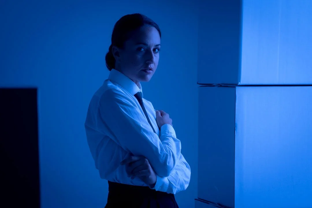 woman smart suit blue look