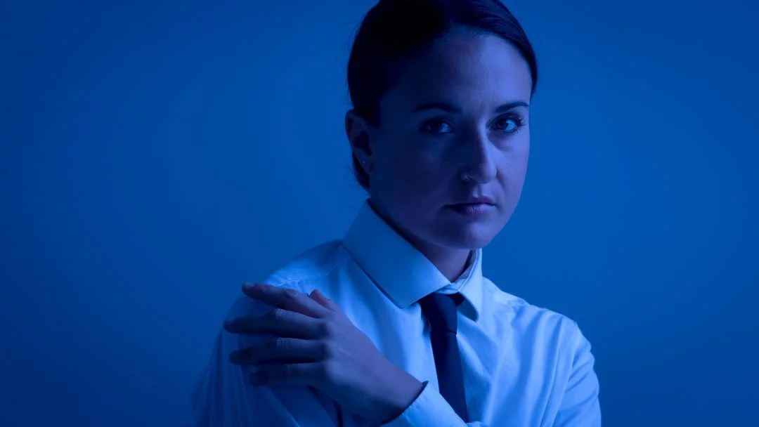 woman blue look smart suit