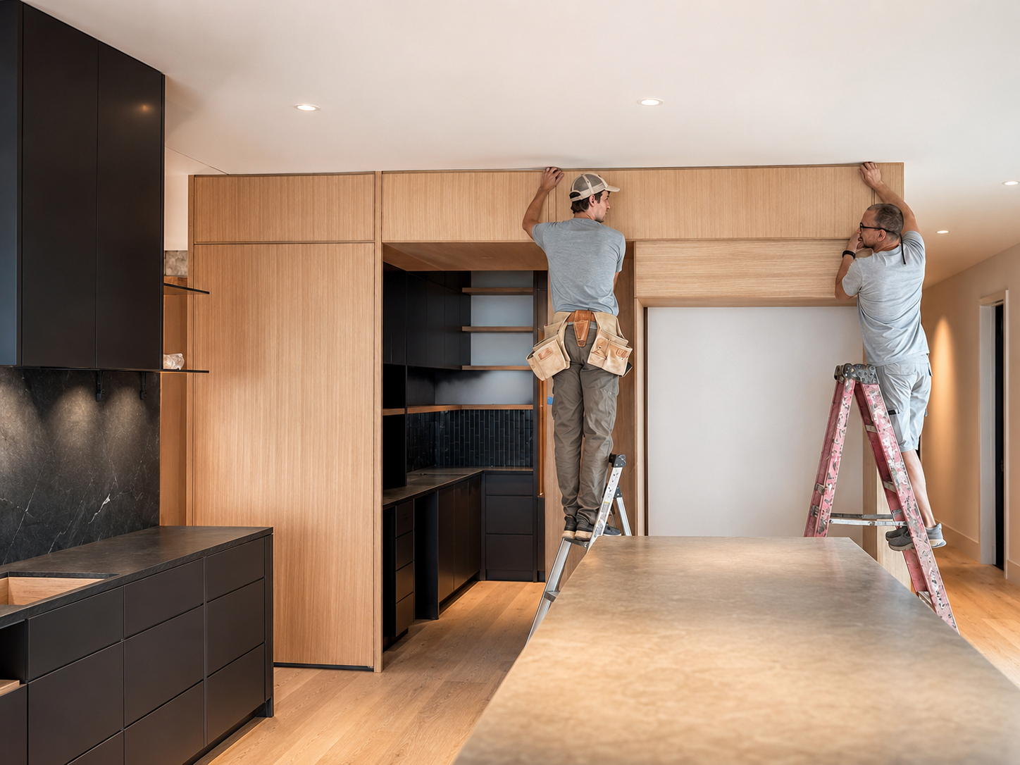 Two workers installing wooden panels on a ceiling in a modern kitchen with black cabinets and wooden accents.