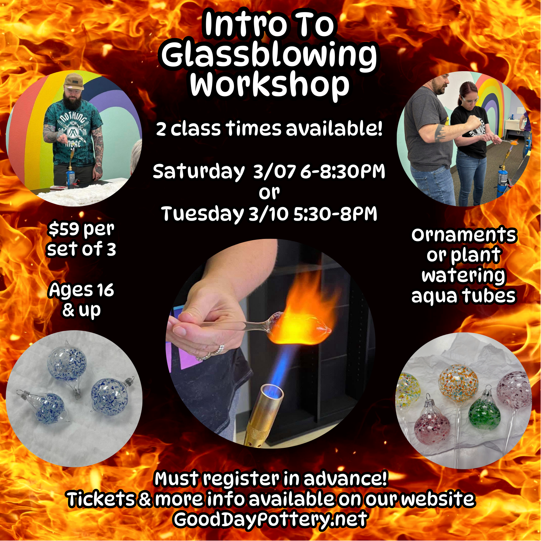 March Intro to Glassblowing Workshops (3/7 & 3/10)