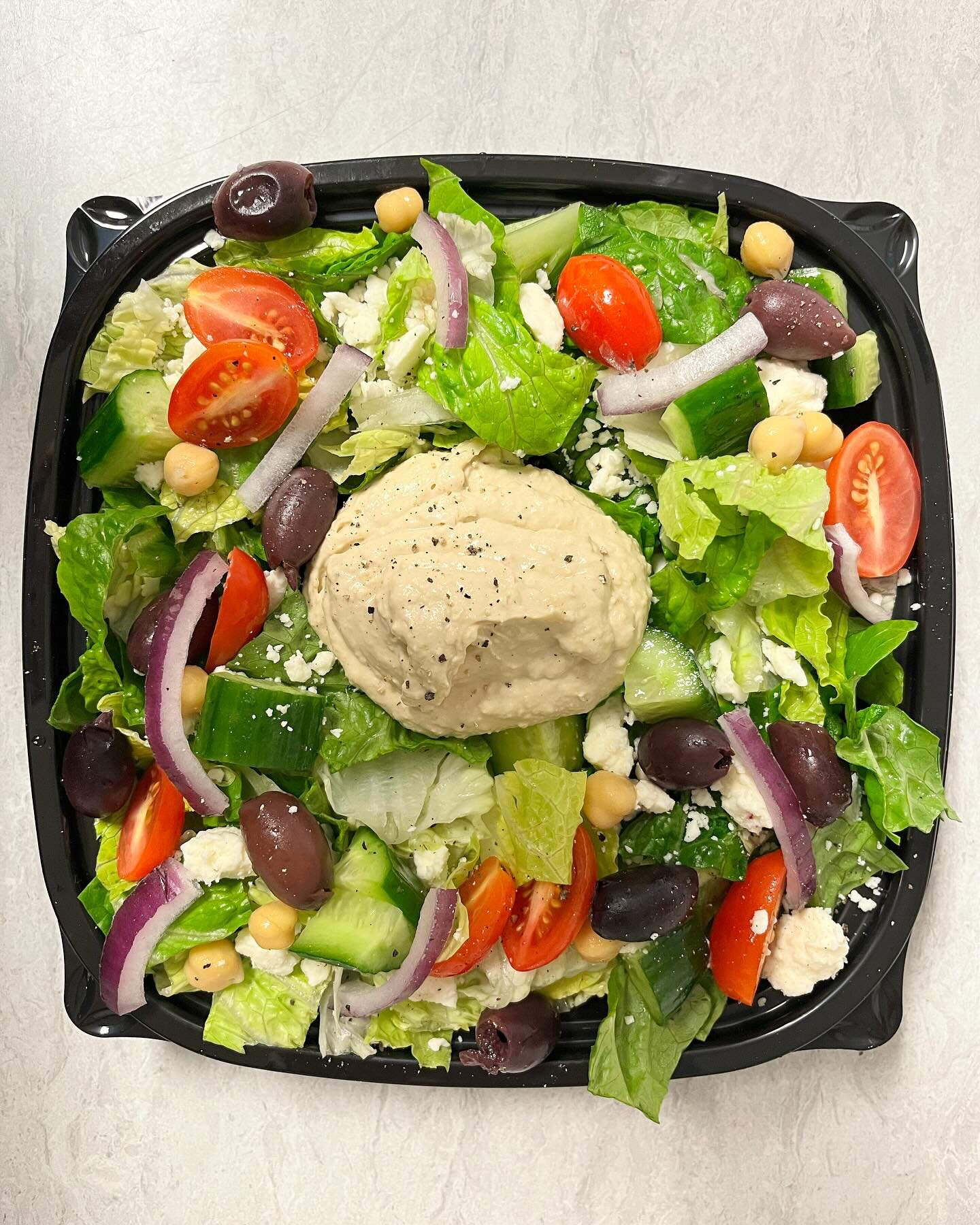 NEW SALAD ALERT!! 🥗

Our NEW Mediterranean salad is full of nutrient rich ingredients. 

It&rsquo;s made with Romaine lettuce, our own creamy hummus, feta cheese, Kalamata olives, chic peas, grape tomatoes, red onion and cucumbers. 

Top it with our