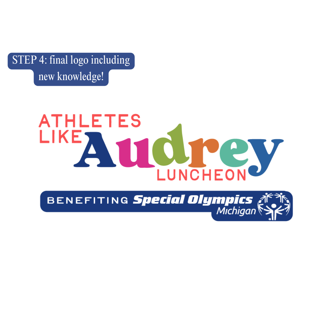 Colorful logo promoting an Audrey luncheon benefiting Special Olympics Michigan, with the text 'Athletes Like Audrey', 'Step 4: final logo including new knowledge!' and a small Special Olympics Michigan logo.