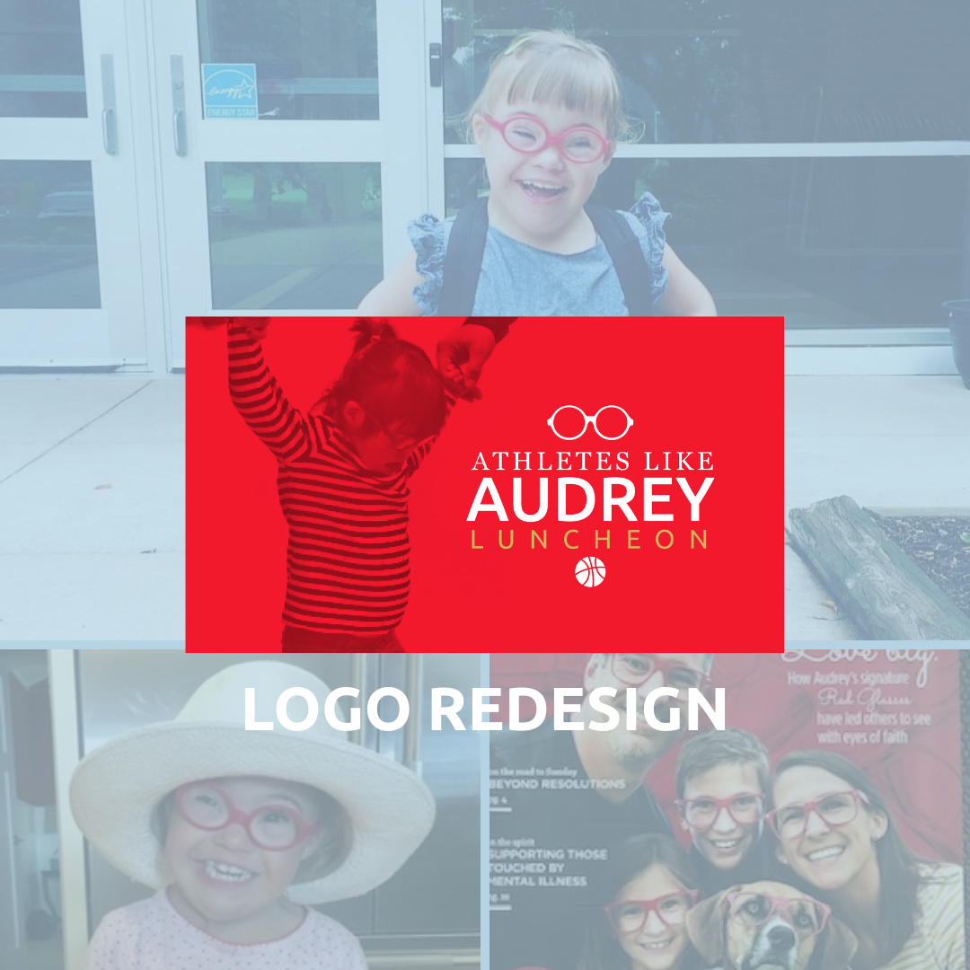 Red and white logo for 'Athletes Like Audrey Luncheon' with glasses icon and basketball symbol, overlayed on photos of smiling children and adults wearing red glasses, including a girl with a hat and a girl with a striped shirt.