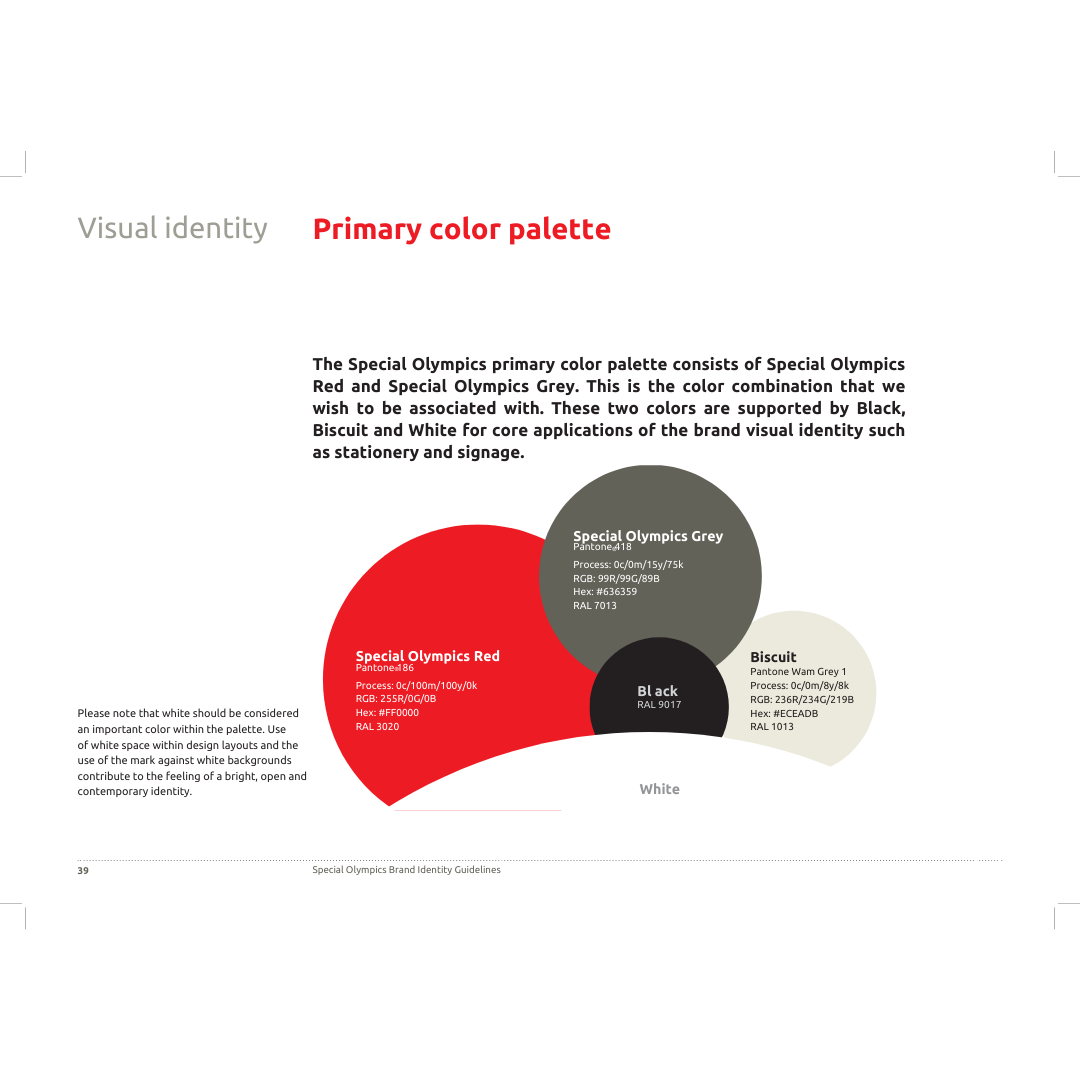 A diagram showing the primary color palette for Special Olympics, including red, grey, black, biscuit, and white, with descriptions of each color and their specifications.