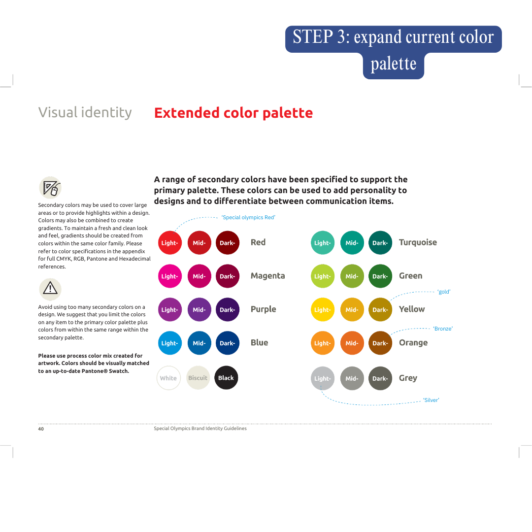 Color palette guide with primary and secondary colors, including red, magenta, purple, blue, turquoise, green, yellow, orange, grey, white, biscuit, and black, showing different shades from light to dark for each color.
