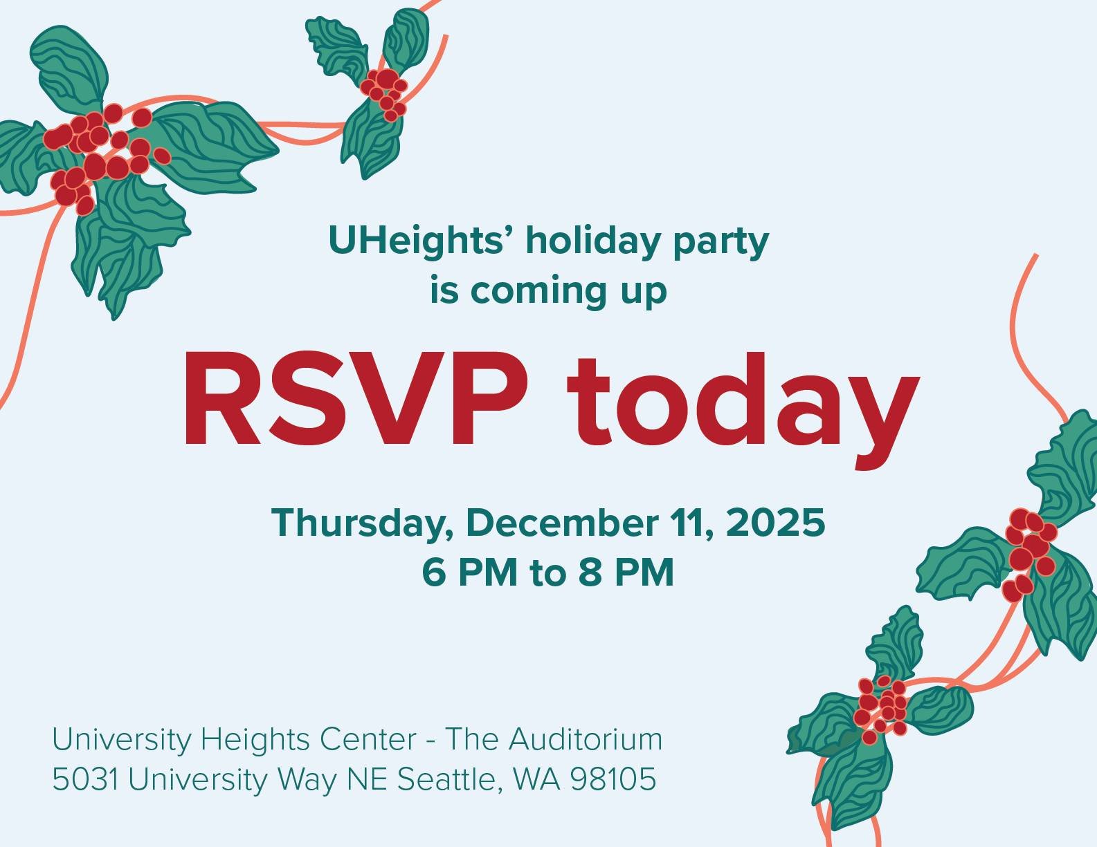 Let's celebrate together! 🎊 UHeights Holiday Party | Dec 11 | 6-8 PM | The Auditorium. Mix, mingle, and enjoy local bites with neighbors, partners, and staff. FREE event! RSVP by Dec 4 [link in bio!]