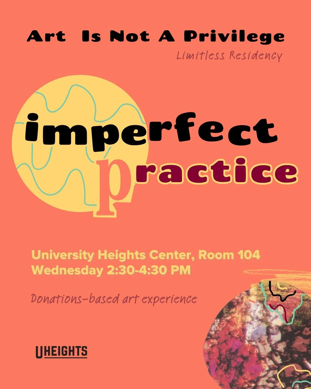 ✨ imperfect practice ✨ A guided creative space to explore your inner landscape. All ages and all abilities. We'll have prompts, materials, and room to reflect.
Every Wednesday, 2:30-4:30pm | UHeights Room 104
Drop in anytime &rarr; www.uheightscenter