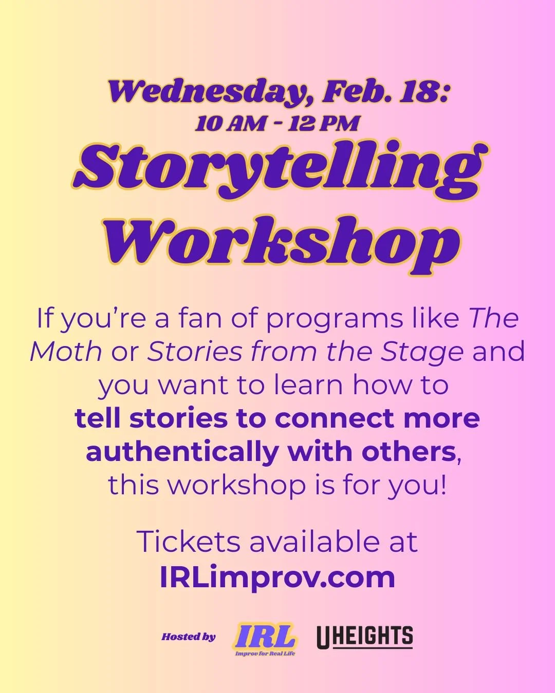 🎭 Personal Storytelling Workshop with @irlimprov | Wed 2/18, 10AM-12PM
Learn to craft and share your stories with confidence! This interactive workshop helps you tap into your creativity and connect with fellow storytelling enthusiasts, whether you'