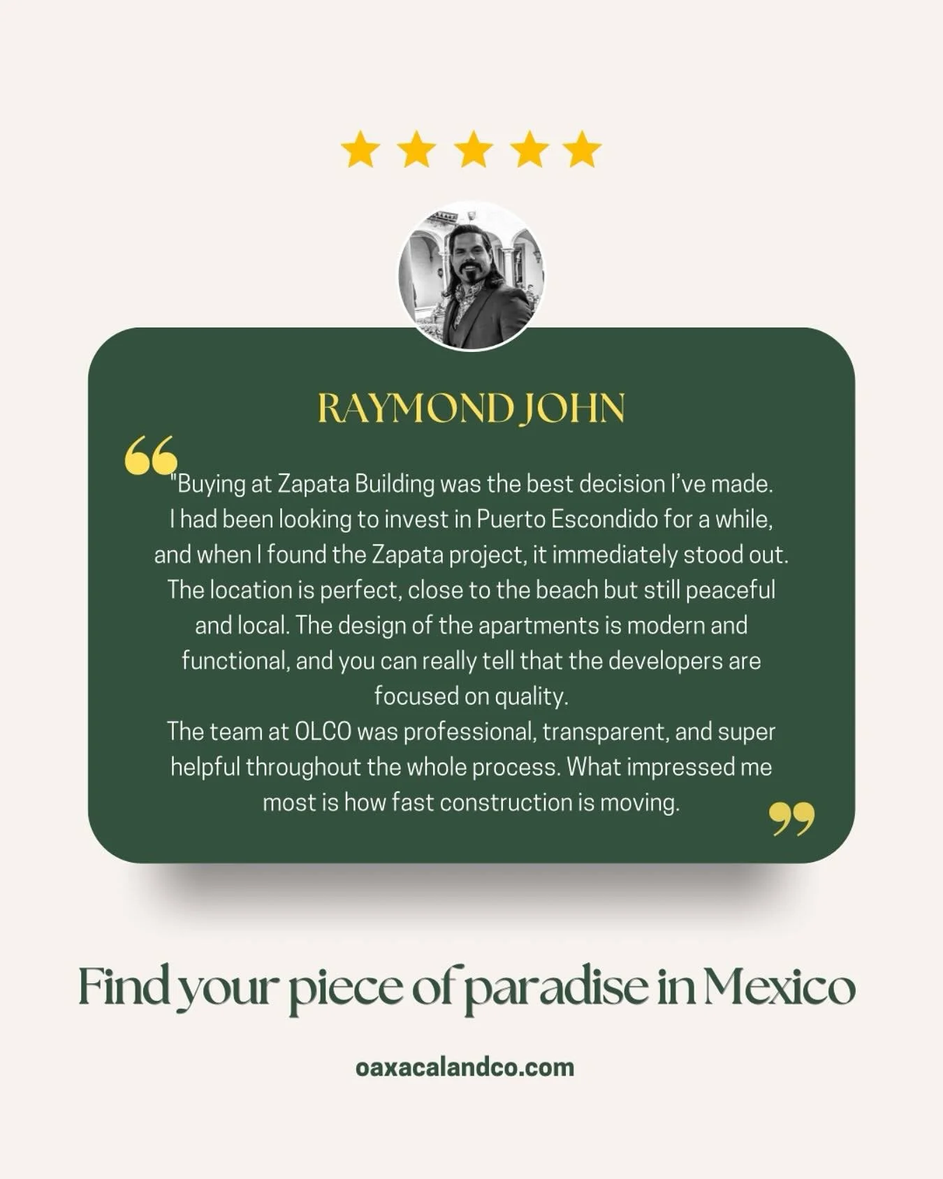 ✨ Another happy buyer at Zapata Building!

Raymond found everything he was looking for &mdash; location, quality, and a solid investment &mdash; just minutes from the beach in Puerto Escondido. 🌊🏡

With construction moving fast and most units alrea