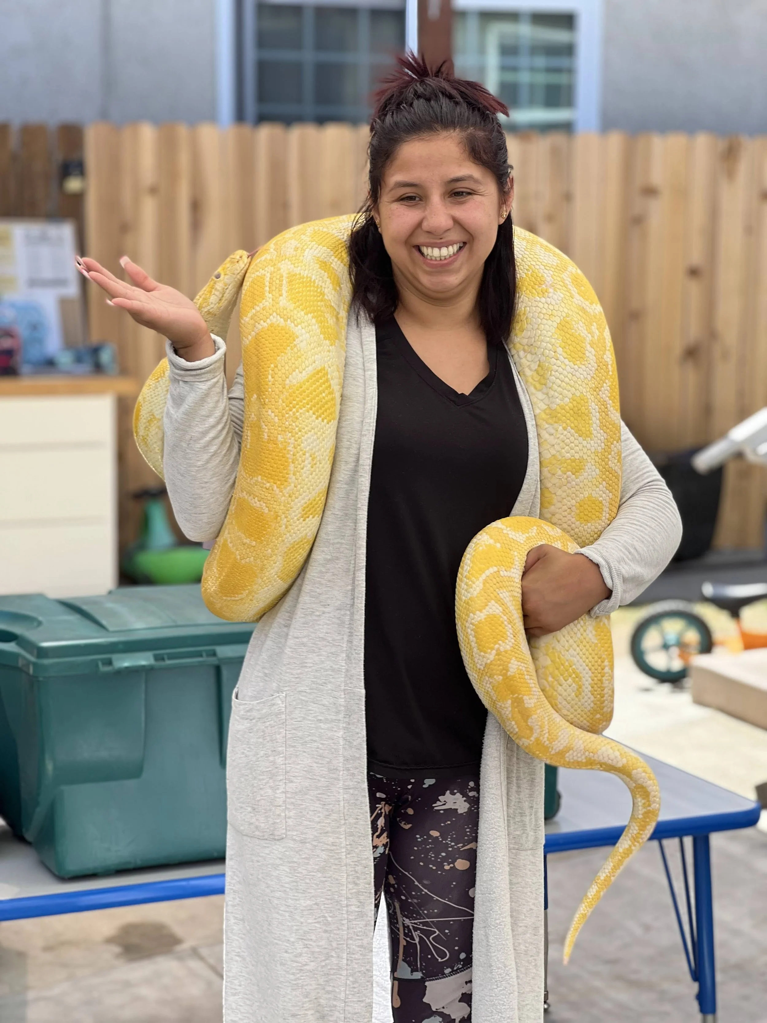 A woman with dark hair, smiles, and wears a gray hoodie with a yellow and white snake draped around her shoulders and arm, standing outdoors behind a green plastic container with a fence and building in the background.