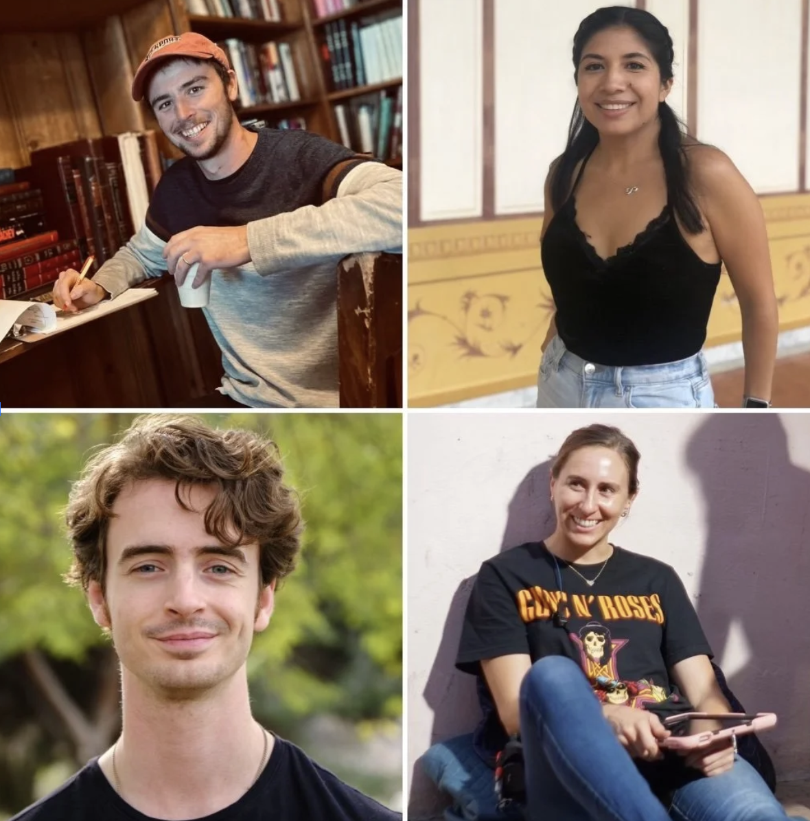 Collage of four people: a man in a library with bookshelves, a woman in casual wear smiling indoors, a man outdoors with green trees, and a woman sitting against a wall with a Guns N' Roses t-shirt, smiling and holding a phone.