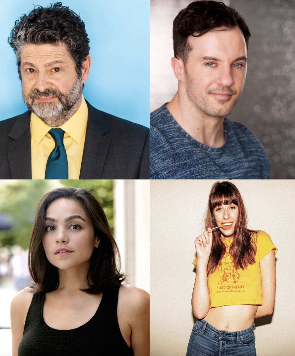 Collage of four individual portraits: a middle-aged man with gray hair and beard in a suit, a young man with dark hair in a blue shirt, a young woman with shoulder-length brown hair in a black tank top outdoors, and a young woman with long brown hair and bangs in a yellow crop top and jeans holding a toothpick.