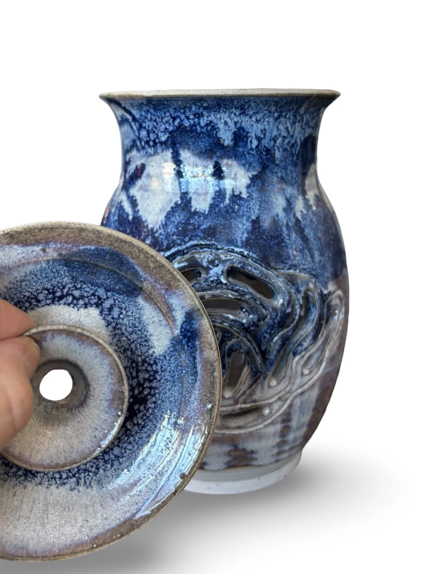 Handcrafted Studio Art Pottery Blue Drip-Glazed Luminary Candle Holder