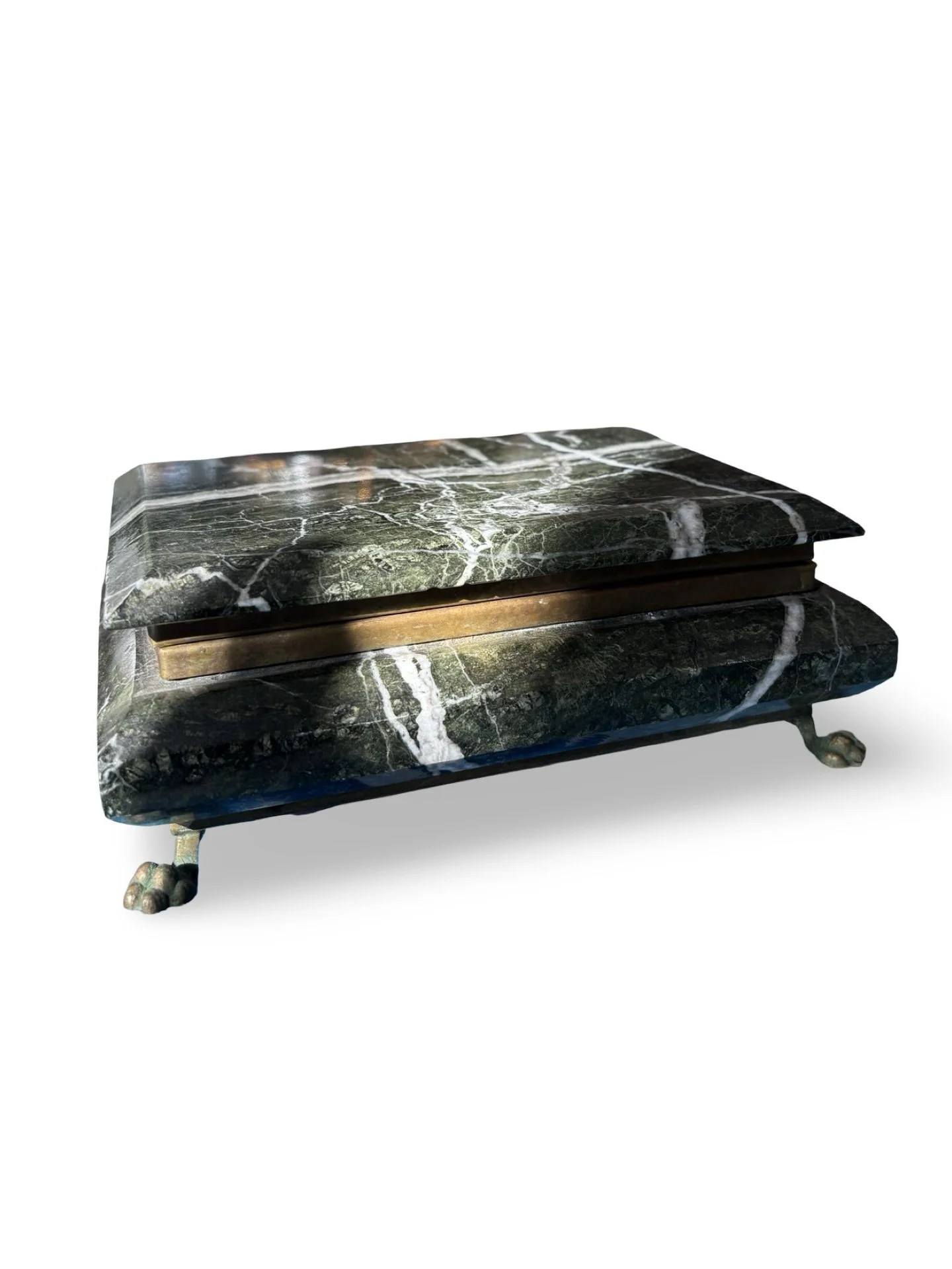 Italian Green and White Marble Box Features Ornate Brass Feet and a Lidded Design