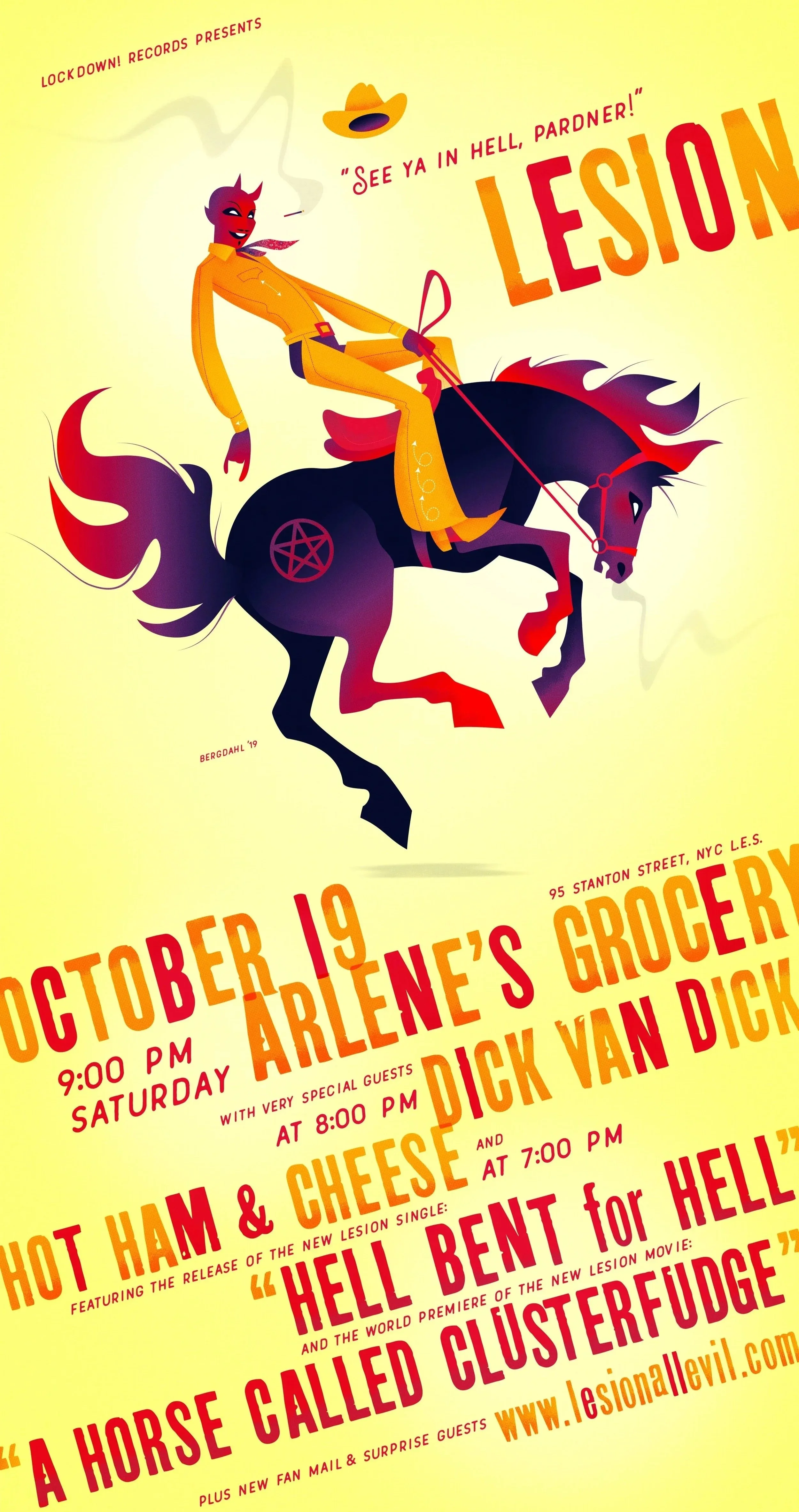 Devil dressed as cowboy riding bucking bronco horse