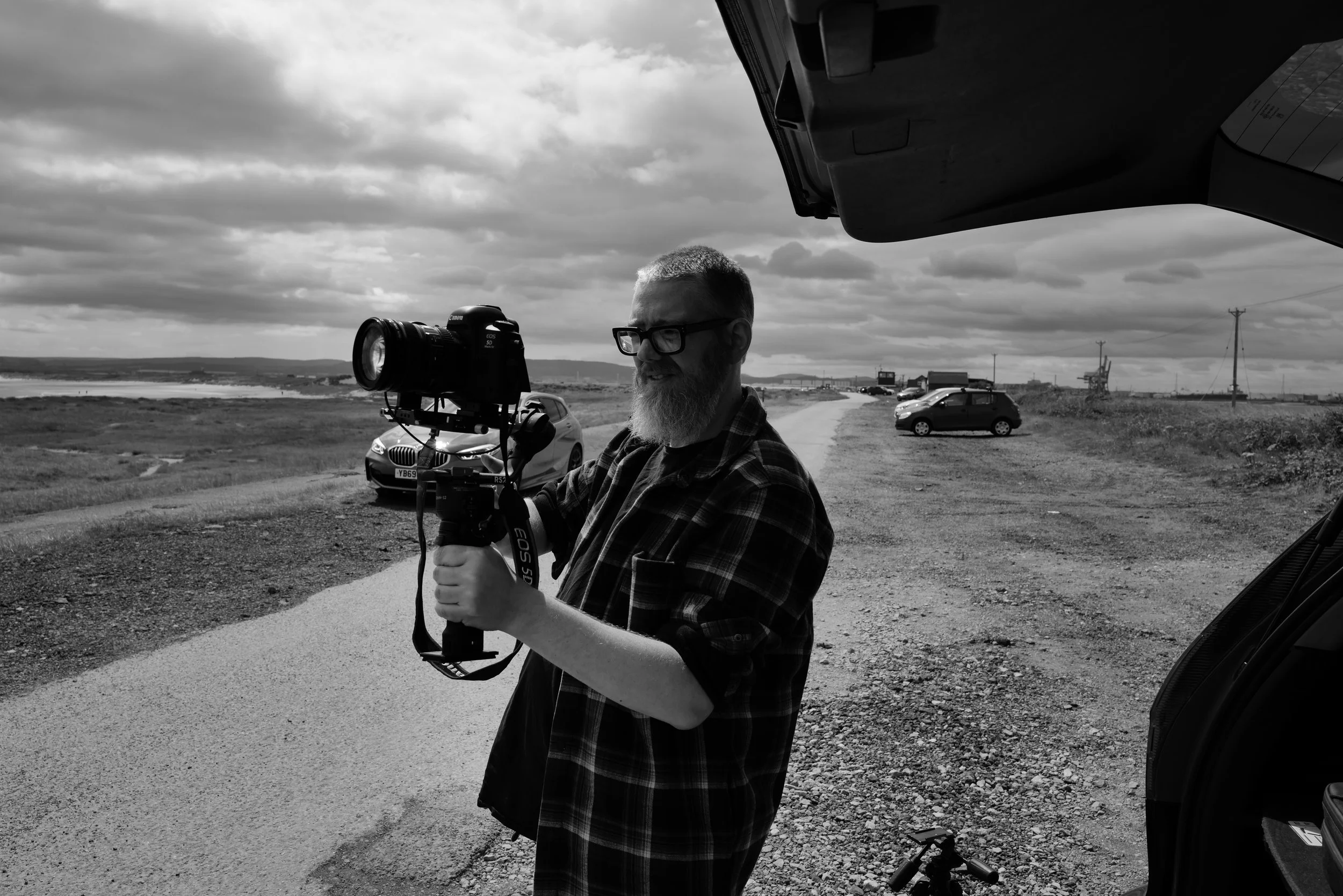 Michael C Coldwell (aka Mick, Dr Michael Schofield, Conflux Coldwell) Filmmaker. Director. Shooting on South Gare. Photograph by Jez Coram