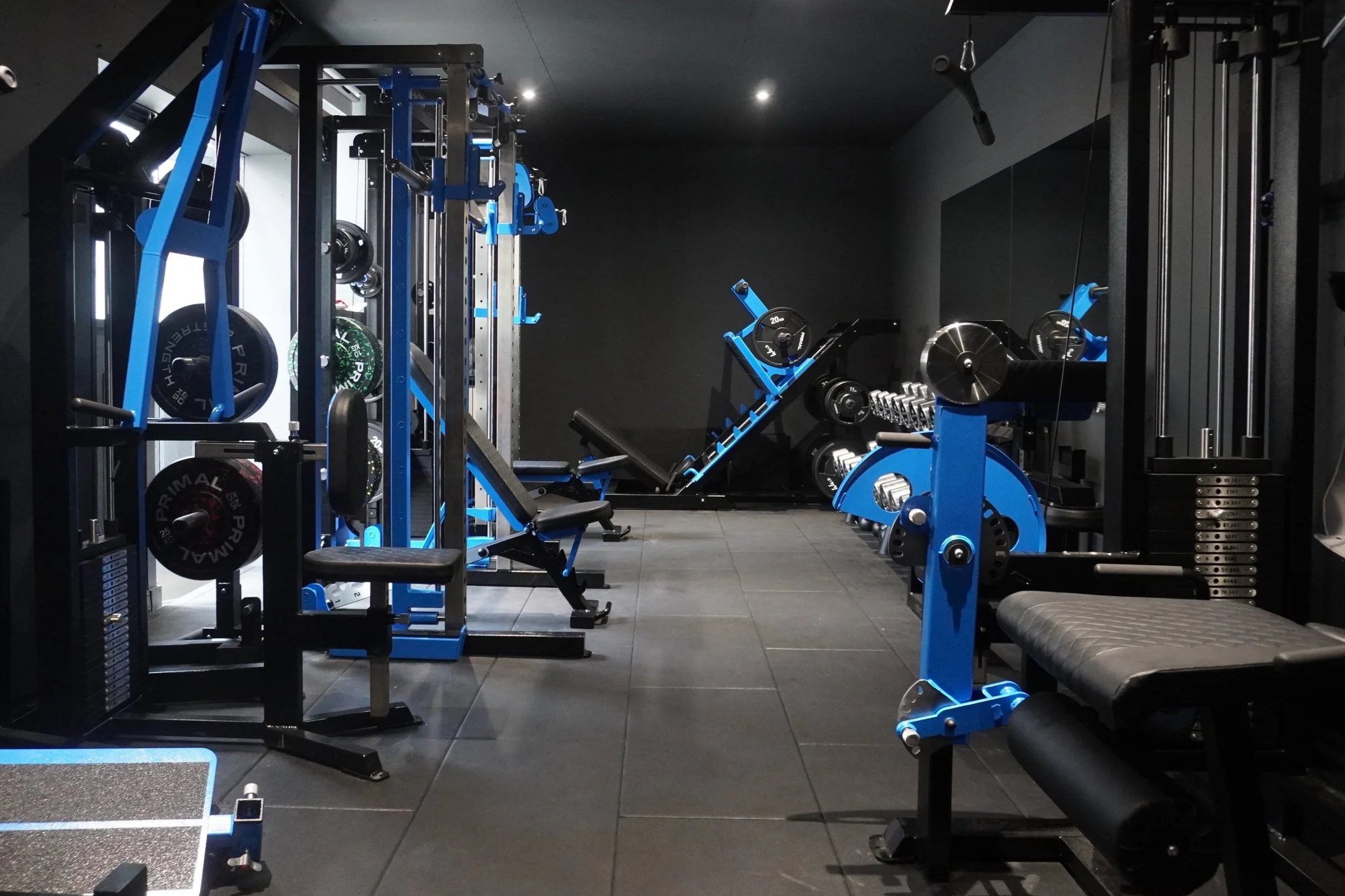 A gym with various workout equipment including weightlifting machines, free weights, and benches, all with a black and blue color scheme.