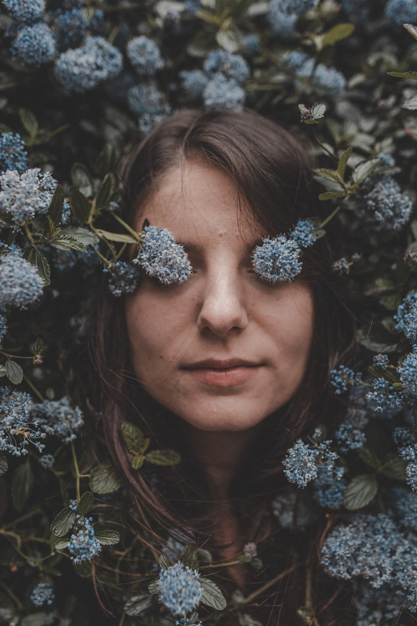 Close-up portrait of girl in between blue flowers