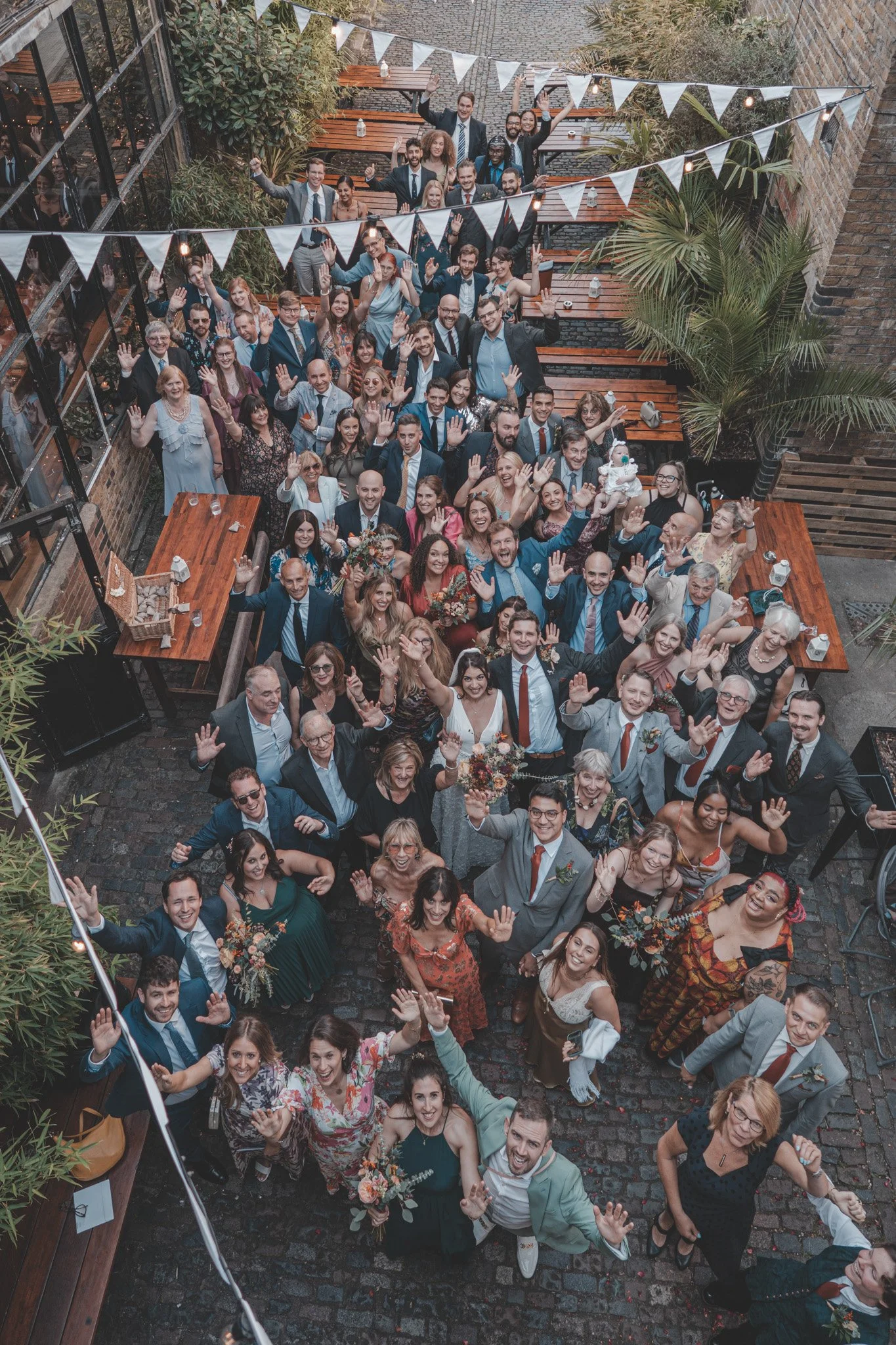 Aerial picture of wedding guests, at The Depot, London