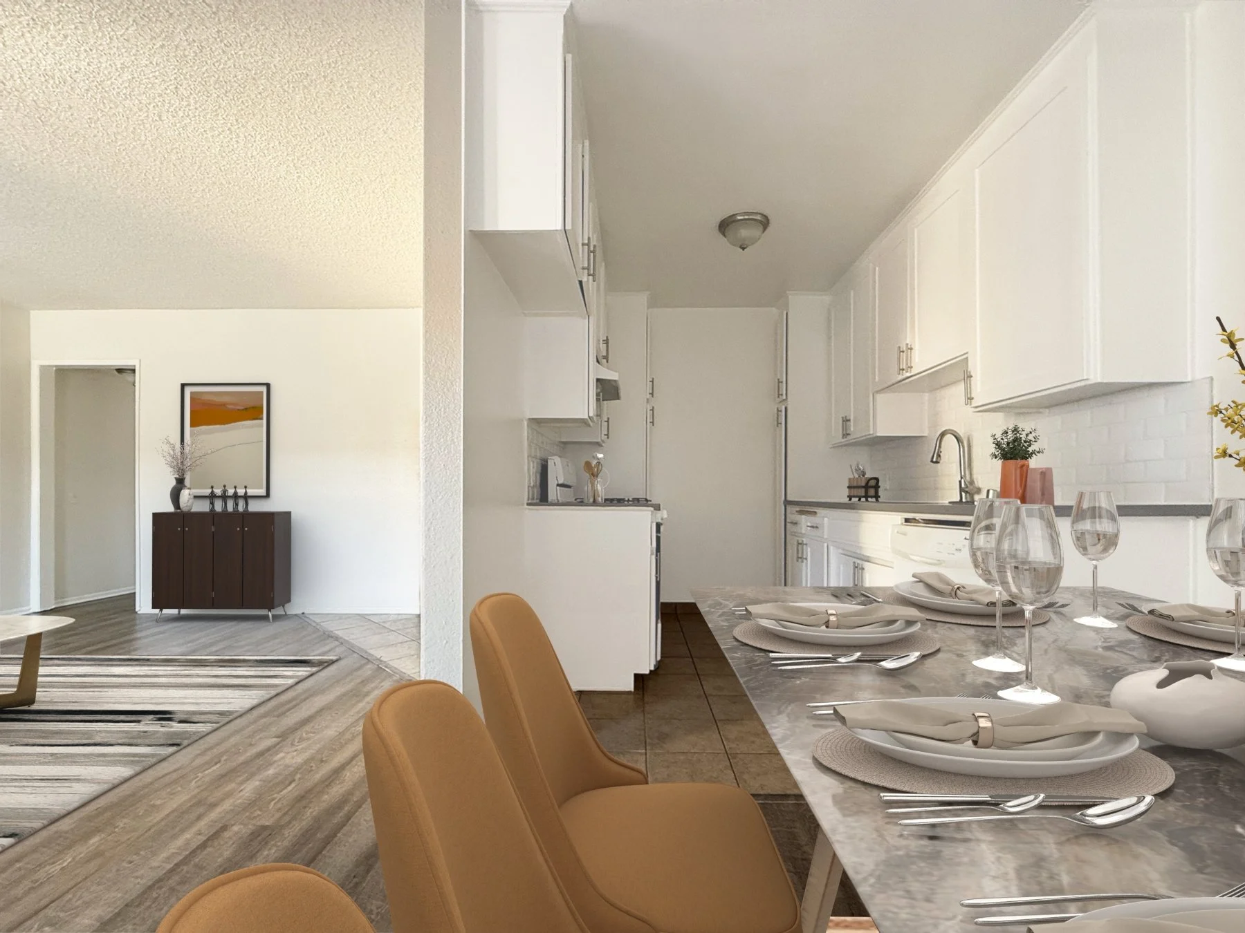 A glimpse of the dining room, living room & kitchen at Valley Glen. 