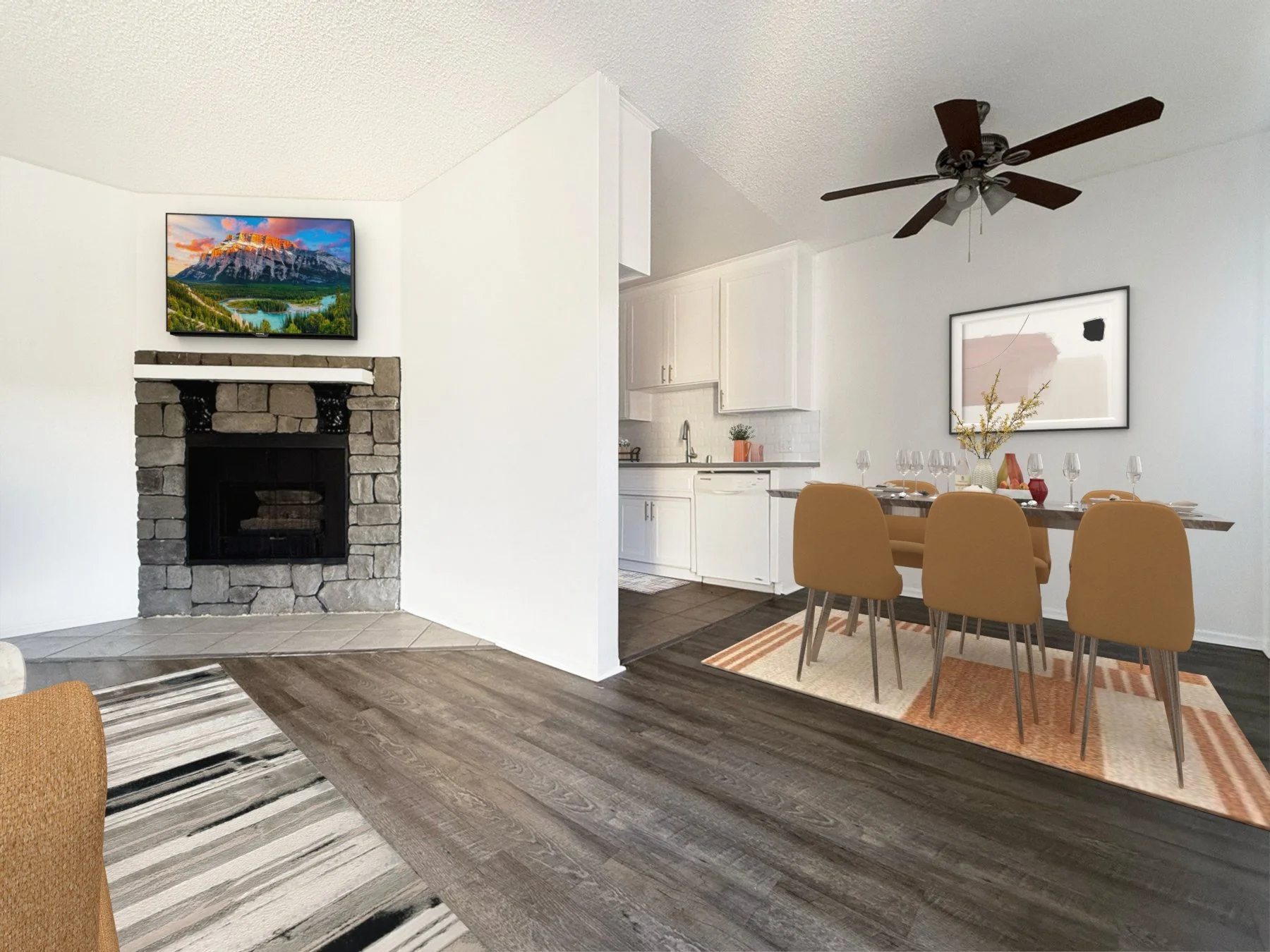 A photo of the living space layout in the one-bedroom units at Valley Glen. 